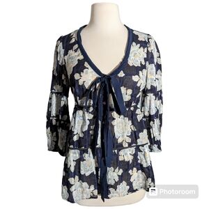 Vintage Odille Anthropologie Faraway Tunic 4 S Floral Tie-Front Voile Blouse Top